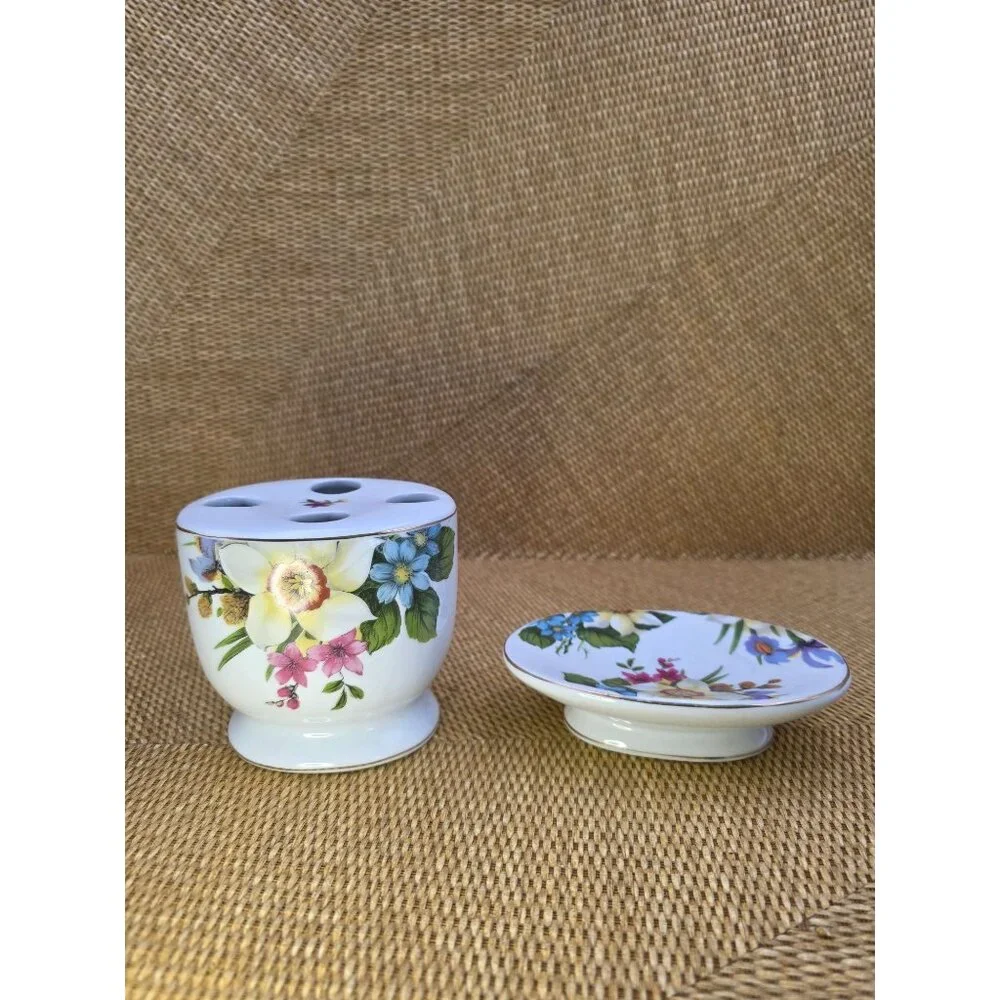 Baum Bros Porcelain Toothbrush Holder & Soap Dish‎ Floral Design Bathroom Decor